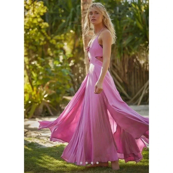 New Free People Lille Maxi Dress Beach Halter Flowy Boho in Frosted Pink Large - Picture 1 of 17